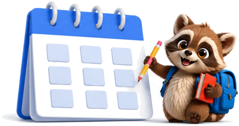 The Educoon raccoon writing in a big blue calendar